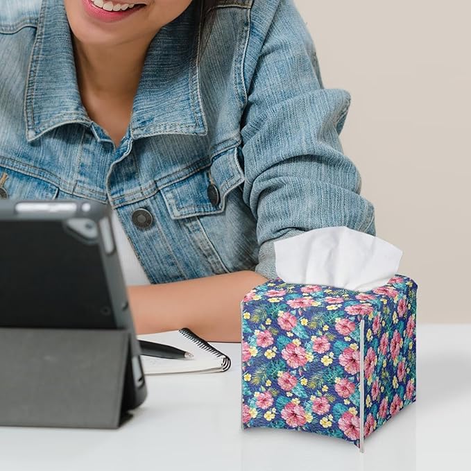 Tropical Flowers Tissue Box Cover, PU Leather Square Tissue Holder with Secure Metal Button, Waterproof and Stylish Napkin Dispenser for Home, Office, Car, and Bathroom Decor