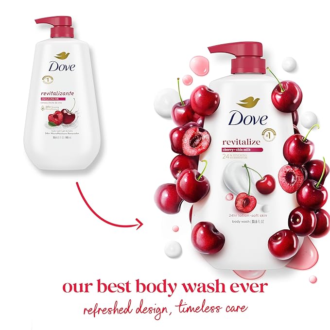 Dove 24hr Lotion Body Wash Revitalizante Cherry & Chia Milk, 30.6 oz | Hydrating body wash with MicroMoisture and a luscious cherry scent