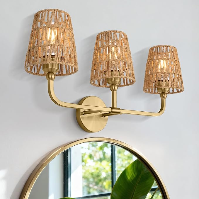 3-Light Bathroom Light Fixtures, Brushed Gold Rattan Vanity Lights with Flared Handwoven Shade, Boho Wall Sconce, Farmhouse Sconces Wall Lighting for Hallway Bedroom, VL837-BG-RA-3