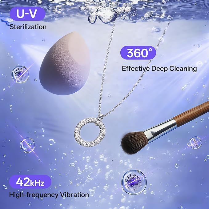 Ultrasonic Makeup Brush Cleaner Electric Machine with U-V, Automatic Cosmetic Brushs Washer Portable Deep Cleaning for Beauty Makeup Brush Set, Blush Brush, 4 Modes with Visible Window Digital Timer