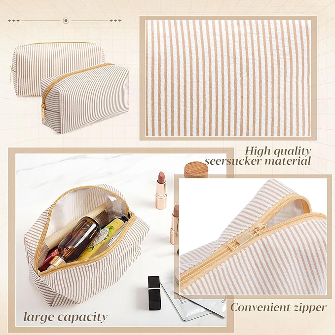 Sanwuta 6 Pcs Seersucker Cosmetic Bags Bulk Seersucker Makeup Bags Stripe Women Pouch Large Preppy Storage Pouch Toiletry Travel for Wedding Bridesmaid Bride Favor Back to Teacher Gift (Khaki)