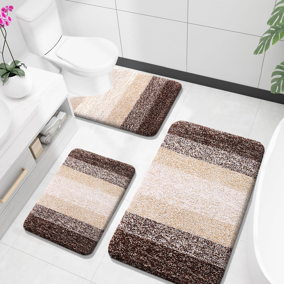 OLANLY Microfiber Bathroom Rugs Sets 3 Piece, Absorbent Bath Mats, Mauve