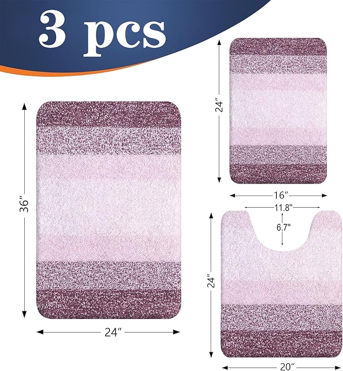 OLANLY Microfiber Bathroom Rugs Sets 3 Piece, 36"x24"+24"x16"+24"x20"