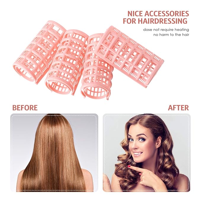 Syhood 12 Pcs Plastic Hair Rollers for Women Large Size Curlers Set Snap Roller Clips with Rat Tail Comb for Long Medium Short Hair Bangs, Salon Hairdressing Styling Tool(2.6 x 1.1 Inch,Peach Color)