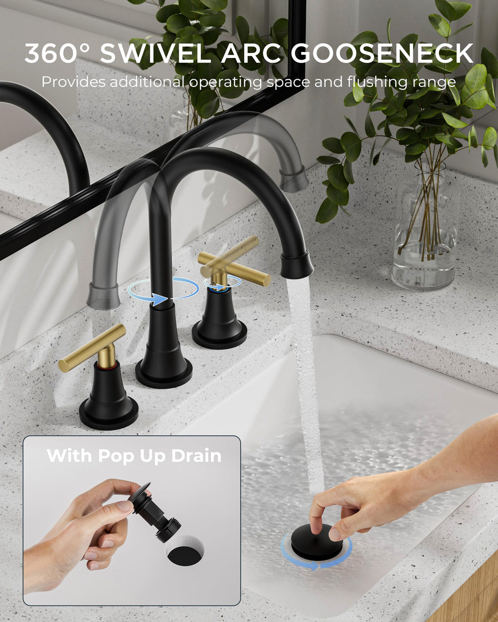 FORIOUS 8 Inch Widespread 3 Hole Bathroom Faucet Black and Gold, Mix Color