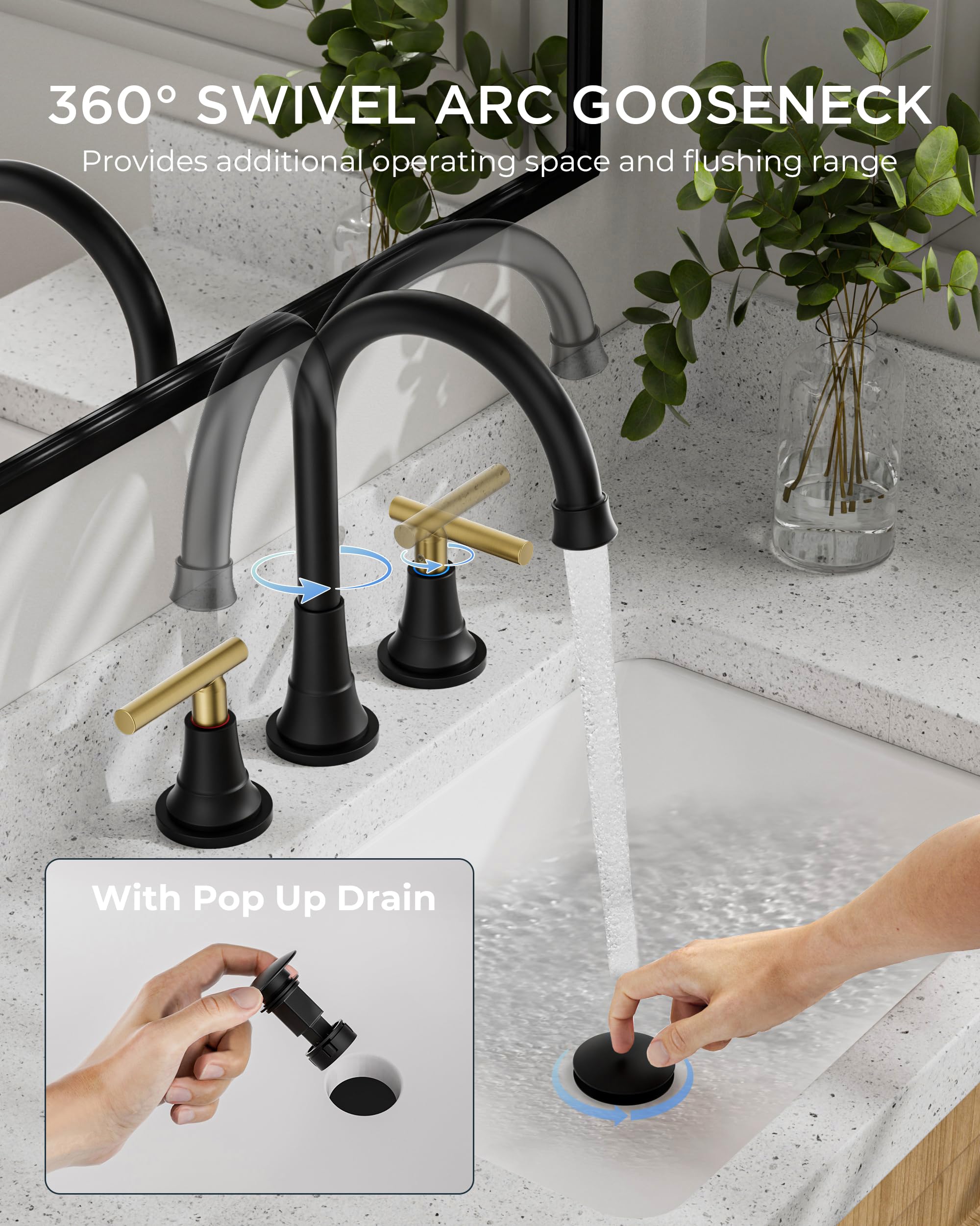 FORIOUS 8 Inch Widespread 3 Hole Bathroom Faucet Black and Gold, Mix Color