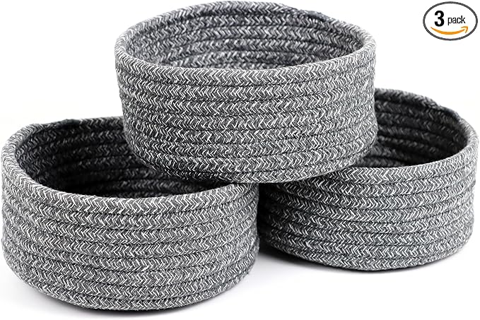 Small Basket, Set of 3 Small Woven Basket, Rope Baskets for Gifts, Cute Mini Tiny Baskets for Organizing Decor Nursery, Decorative Boho Round Storage Basket Bathroom Organization Bin (Grey)