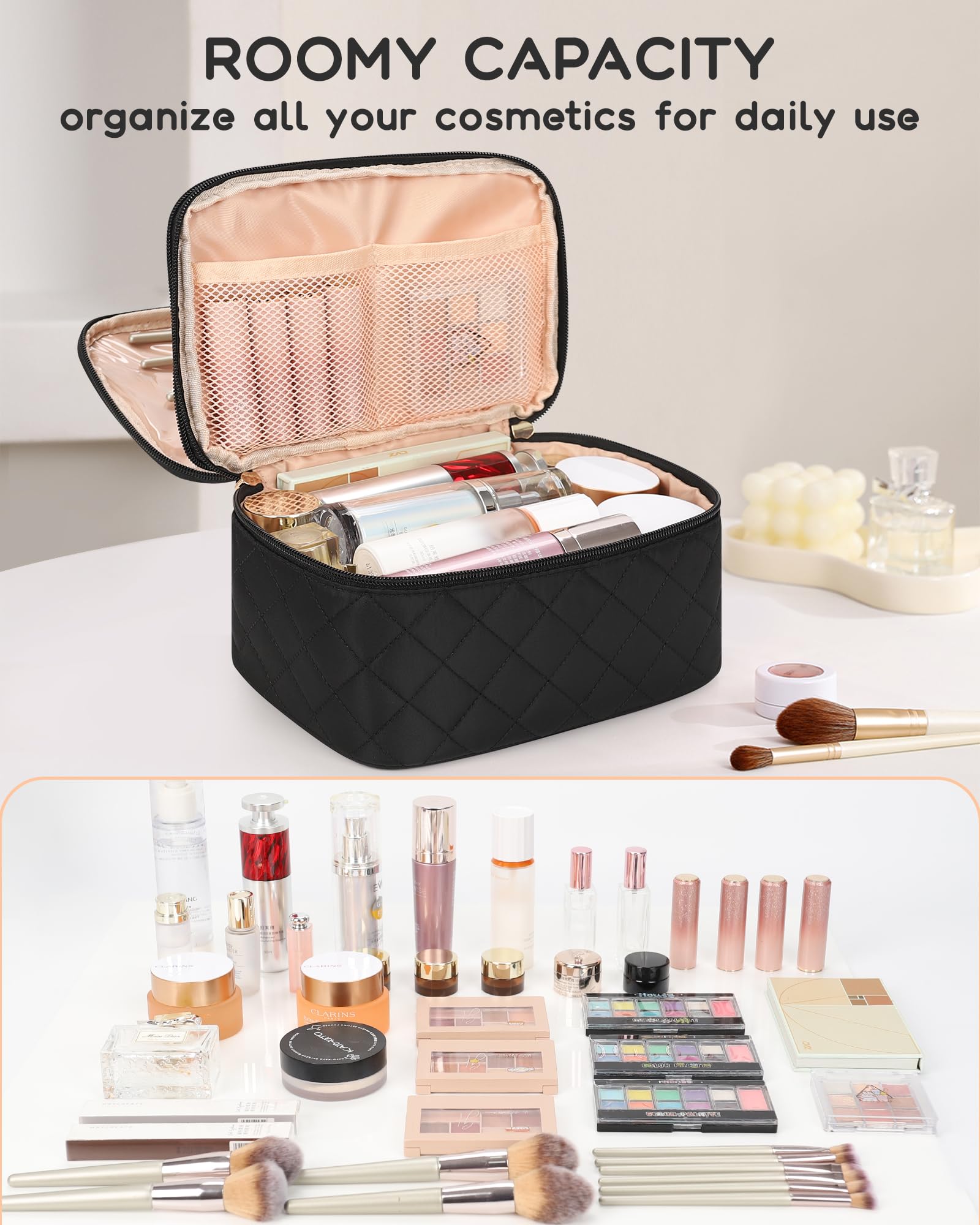 Relavel Travel Makeup Bag, Large Cosmetic Bag with Separate Makeup Brush Compartment, Cute Make Up Pouch for Women, Double Layer Toiletry Organizer Bag for Travel - Black