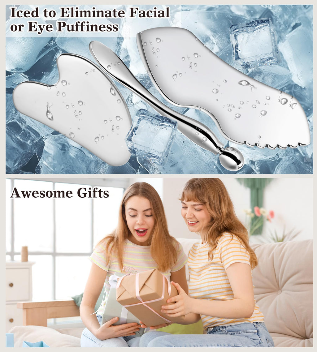 Gua Sha Facial Tools, 3 in 1 Stainless Steel Metal Guasha & Eye Cream Applicator Facial Sculpting Tool Set Eye Massager Lymphatic Drainage for Face Neck (Gift Box Set)(Boxed 2, Count, 3)