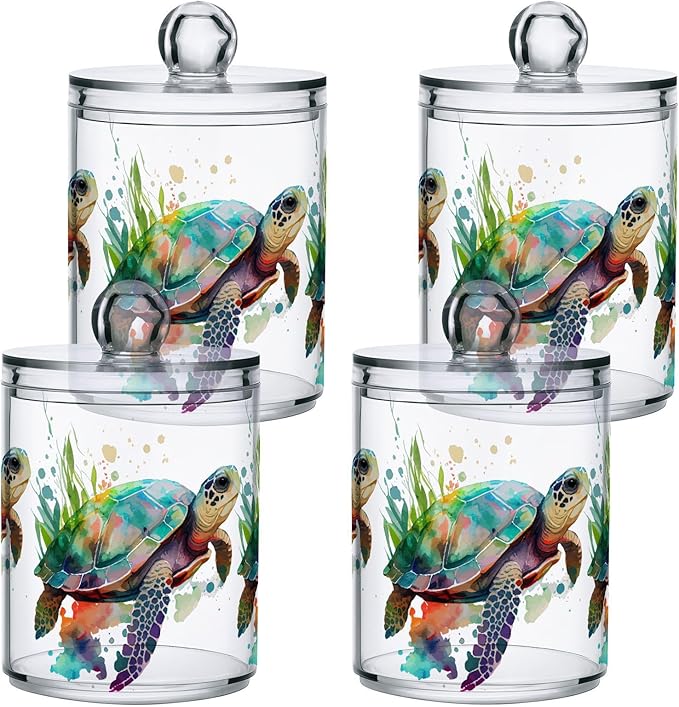 4 Pack Qtip Holder Dispenser Turtle Watercolor Cotton Ball Cotton Swab Round Pads Floss Clear Bathroom Storage Containers Plastic Apothecary Jars with Lids
