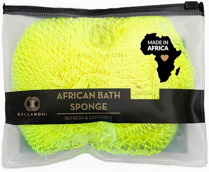 BELLANOMI African Exfoliating Net Sponge, Authentic, Ethically sourced from Nigeria, 45 inches Long, Back Scrubber for Daily use (Lemon)