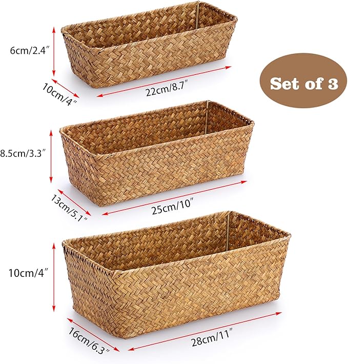 3 Natural Wicker Basket Set Rectangular Handwoven Seagrass Basket Storage Bins Home Organizer Bins - Household Basket Box for Shelf Wardrobe Desktop Home Decor (Caramel)