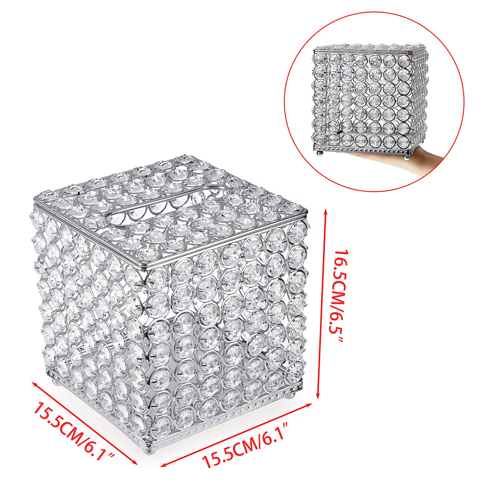 Sumnacon Crystal Square Tissue Box Cover - Decorative Tissue Box Holder, Sparkling Cube Tissue Holder for Bathroom Dresser Night Stand Table Car Store Office Home Decor, Silver