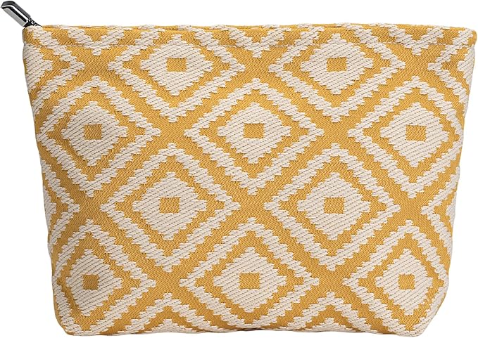 RIKMOXR Parallel Checkered Embroidery Yellow Makeup Bag for Women Girls - Large Capacity Cosmetic Pouch | Travel Toiletry Bag & Purse Organizer