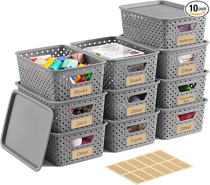 10 Pack Plastic Storage Bins with Lids, Stackable Plastic Storage Baskets for Organizing with Handles, Organizer Bins with Labels for Room, Craft, Containers for Pantry Organizers and Storage, Grey