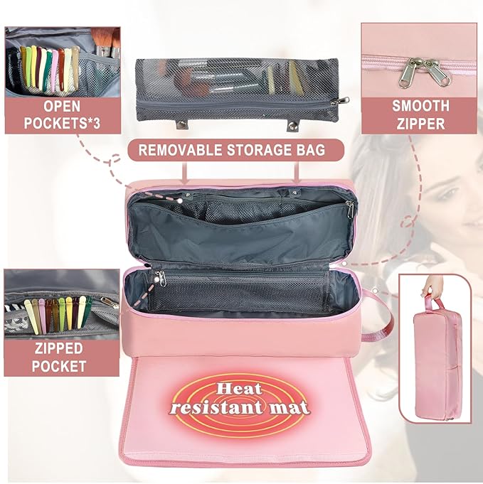 FAMOPLAY Hair Tools Travel Bag with Heat Resistant Pad, Double-Layer Travel Carrying Case for Straightener, Curling Iron, Hair Dryer, Portable Organizer