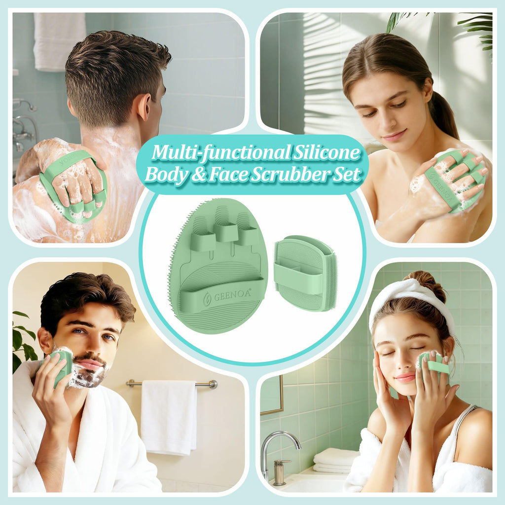 GEENOA Silicone Bath Glove & Face Scrubber Set 2PCS, 360° Anti-Slip & Hand-fit Body Scrubber for Rich Foaming Deep Cleaning, Unique Facial Scrubber with Side-bristles for Contoured Areas.(Green)