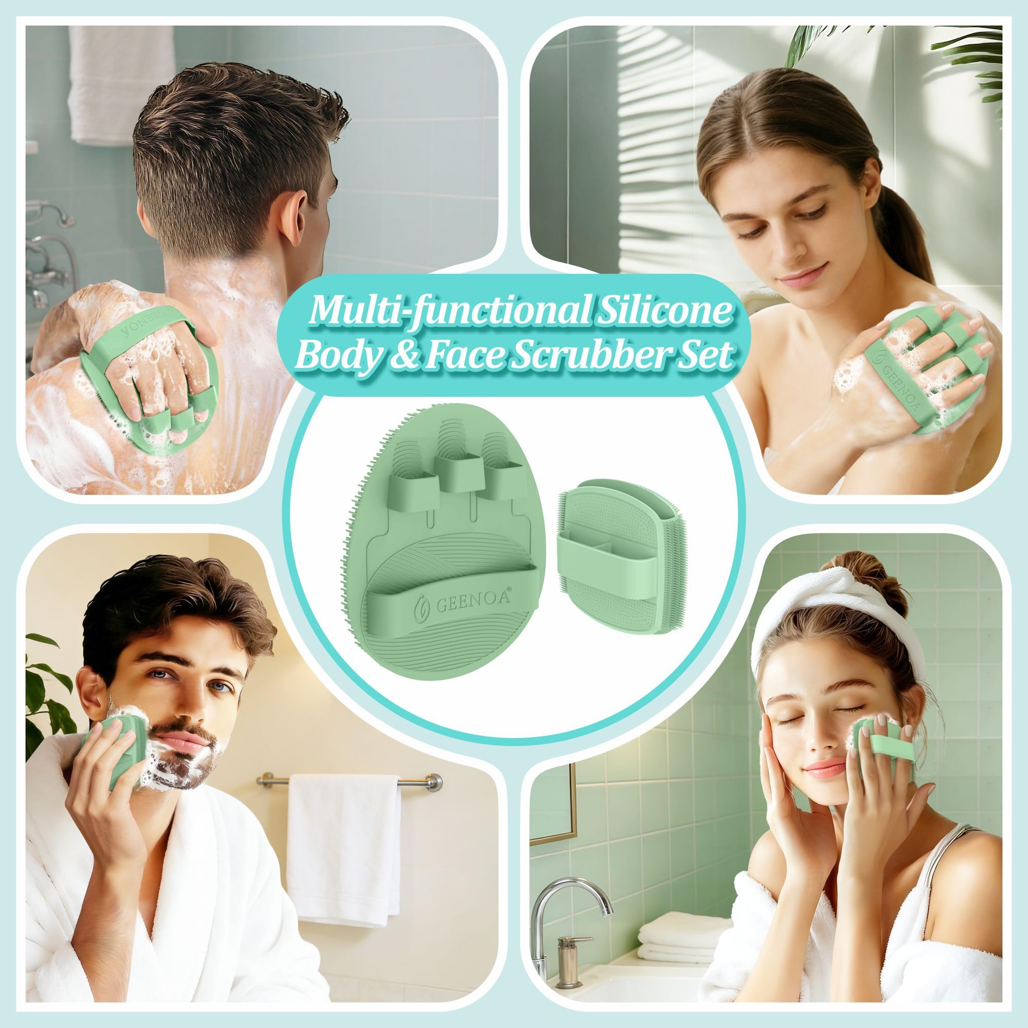 GEENOA Silicone Bath Glove & Face Scrubber Set 2PCS, 360° Anti-Slip & Hand-fit Body Scrubber for Rich Foaming Deep Cleaning, Unique Facial Scrubber with Side-bristles for Contoured Areas.(Green)