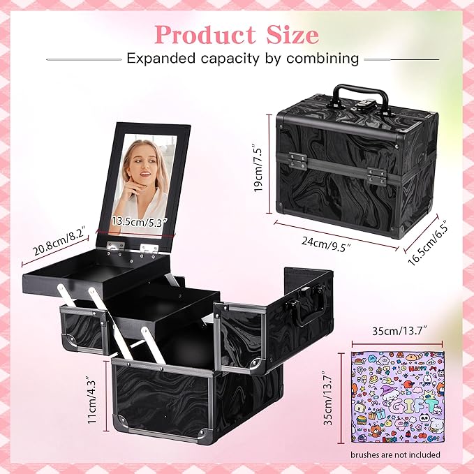 GALHUBIS Makeup Train Case, Portable Makeup Case with Mirror, 2-Trays Cosmetic Organizer Case,Nail Polish Organizer, Travel Makeup Box, Profesional for Salon Barber, Pattern Black