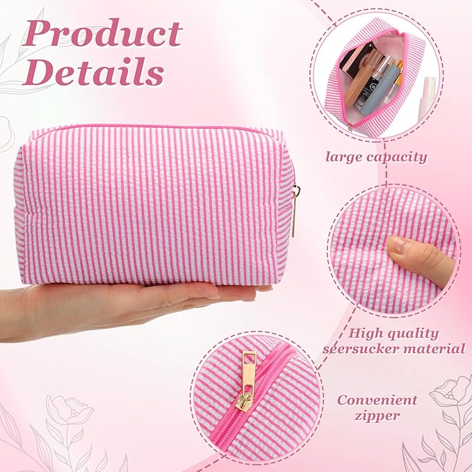 Sanwuta 12 Pcs Seersucker Cosmetic Bags Bulk Seersucker Makeup Bags Stripe Women Pouch Large Preppy Storage Pouch Toiletry Travel for Wedding Bridesmaid Bride Favor Back to Teacher Gift (Pink)