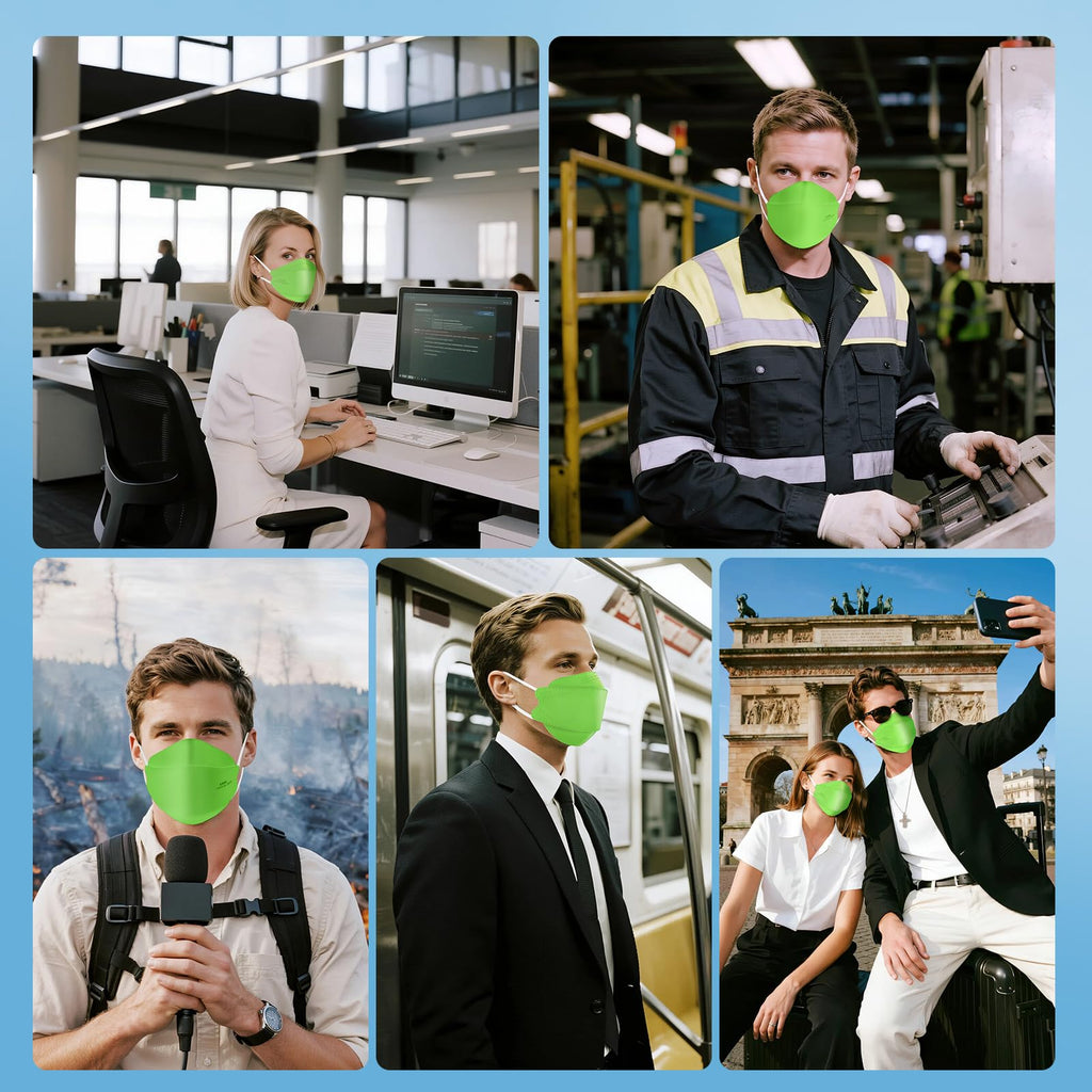 akgk KN95 Face Masks 50 Pack, 5-Ply Disposable Green Face Mask Against PM 2.5 Smoke & Dust, Filtration Efficiency 95%