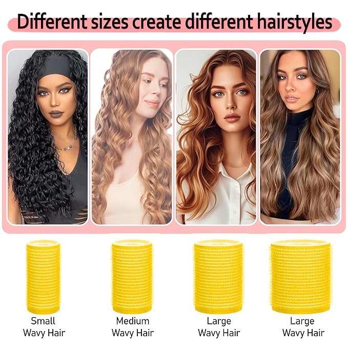 4 Sizes Self-Grip Hair Rollers Set with Clips - 4 Sizes for Long, Short Hair & Bangs (25mm, 36mm, 48mm, 60mm), (Yellow, 4 Sizes)