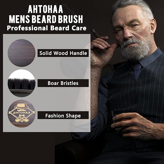 AHTOHAA Professional Men's Beard Brush with Boar Bristles - Small Sized Travel Wooden Mustache Brush for Daily Grooming & Styling (Hat)