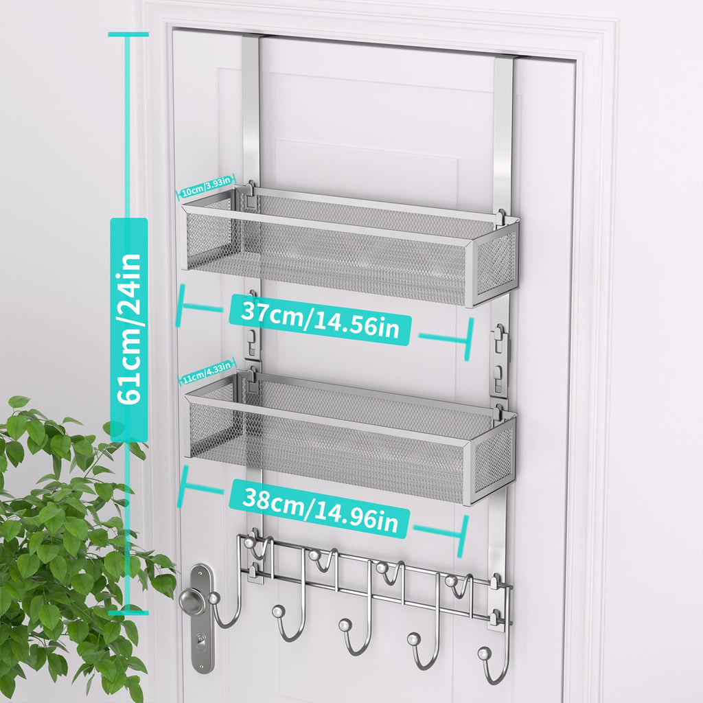 HapiRm Over The Door Hanger with Coat Hooks and 2 Baskets, Rustproof & Waterproof Over The Door Hooks, Storage Organizer for Hats, Bathroom, Kitchen, Bedroom - Brushed Nickel