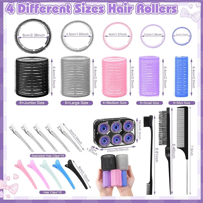5 Size Hair Rollers for Women, 64 Pcs Self Grip Hair Rollers Hair Curlers to Sleep In with Clips for Long Medium Short Hair