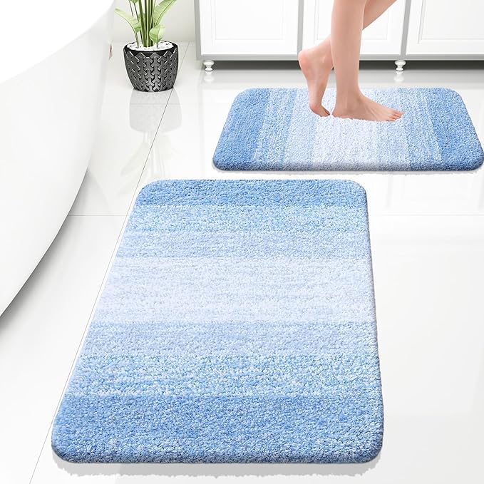 OLANLY Bathroom Rug Set 2 Piece, Soft Absorbent Microfiber Bath Rug Set, Non-Slip, Machine Wash Dry, Plush Shaggy Bath Mats for Bathroom (30"x20"+24"x16", Light Blue)
