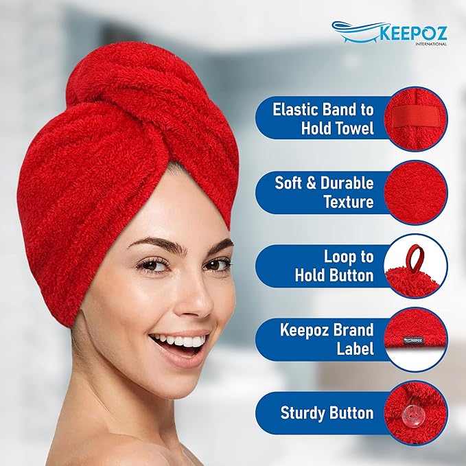 KEEPOZ Hair Towel Wrap Quick Dry 100% Cotton Super Absorbent Turban Head Wrap for Women with Button, Non Microfiber Anti Frizz Hair Products, Hair Cap for Curly, Long & Thick Hair (Red, 1 Pc)