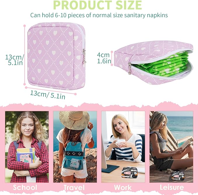 Desing Wish Sanitary Pad Storage Bag Portable Period Bag for Teen Pads/Sanitary Napkins/Small Tampons, Sanitary Napkin Storage Bag First Period Gifts for Teen Girls (Purple Hearts)