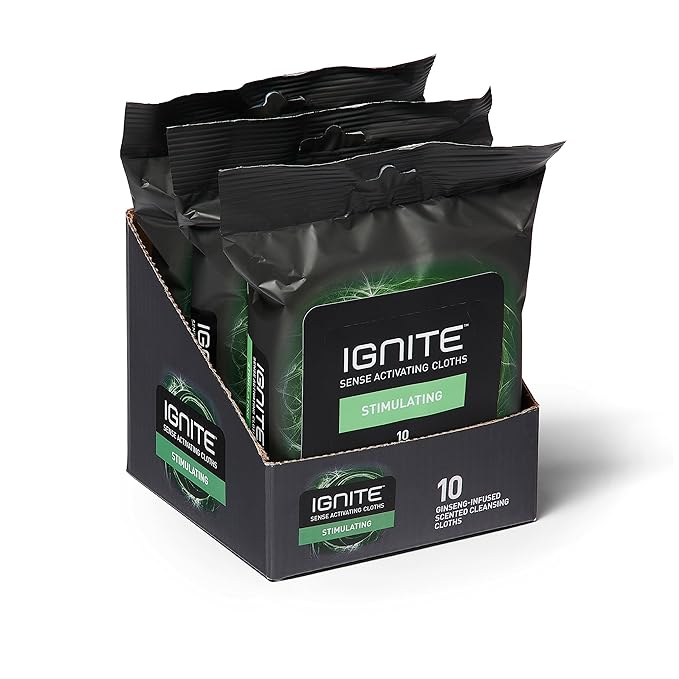 Ignite Mens Body Wet Wipes, Extra Thick 8" x 8" Shower Wipes, Stimulating Scent, 10 Count (Pack of 3)