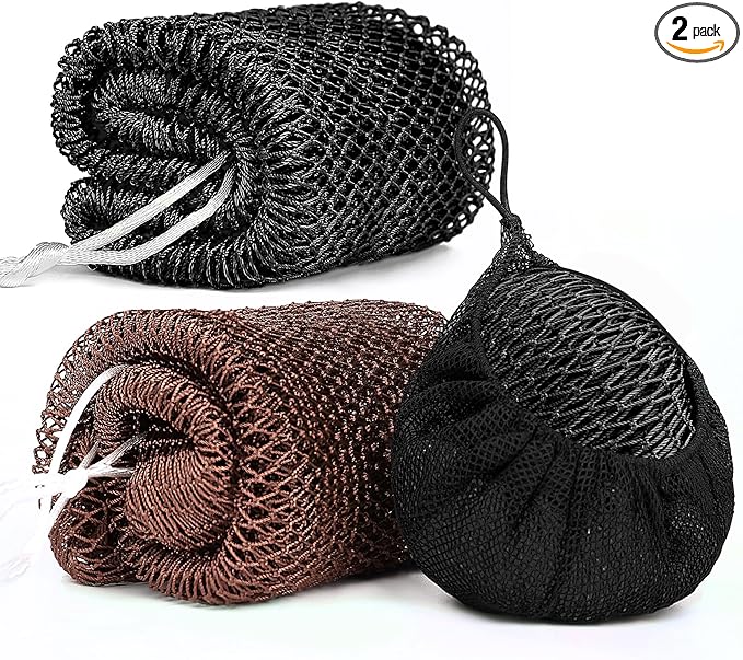 2 Pack African Net Sponge Exfoliating Body Scrubber Bath Sponge for Daily Use (Black+Dark Brown)