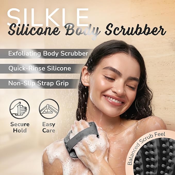 Silicone Body Scrubber – Gentle Exfoliating Shower Scrubber for Body & Bath, Silicone Shower Brush & Loofah Alternative – Non-Slip Silicone Body Brush, Quick Dry, Hygienic - Black