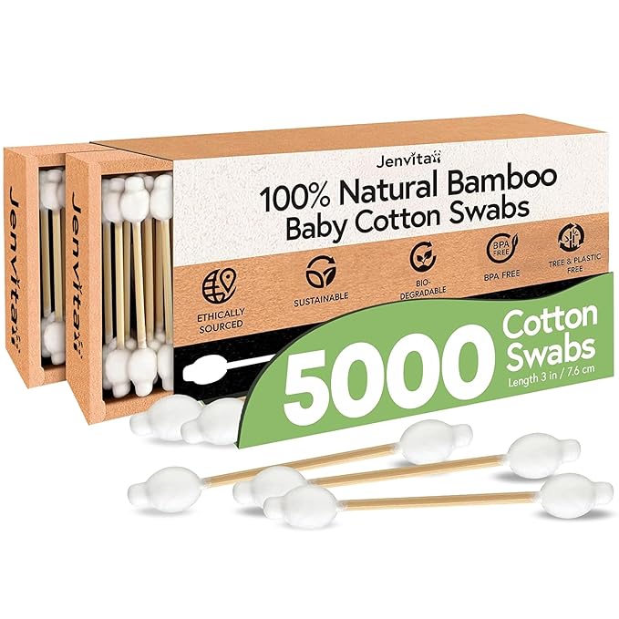 Jenvita 100% Bamboo Cotton Swabs for Ears (5000-Pack) - Perfect for Baby & Personal Care | Double-Tipped Ear Swab Cotton for Makeup & Cleaning | FSC Certified & Hypoallergenic, Made for All Ages & Pet