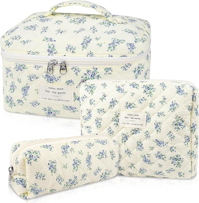 Gosect Makeup Bag Set, Quilted Makeup Bag, Large Floral Cosmetic Bag for Women, Cute Cotton Makeup Bags, Flower Travel Toiletry Organizer Bag (Blue Floer)