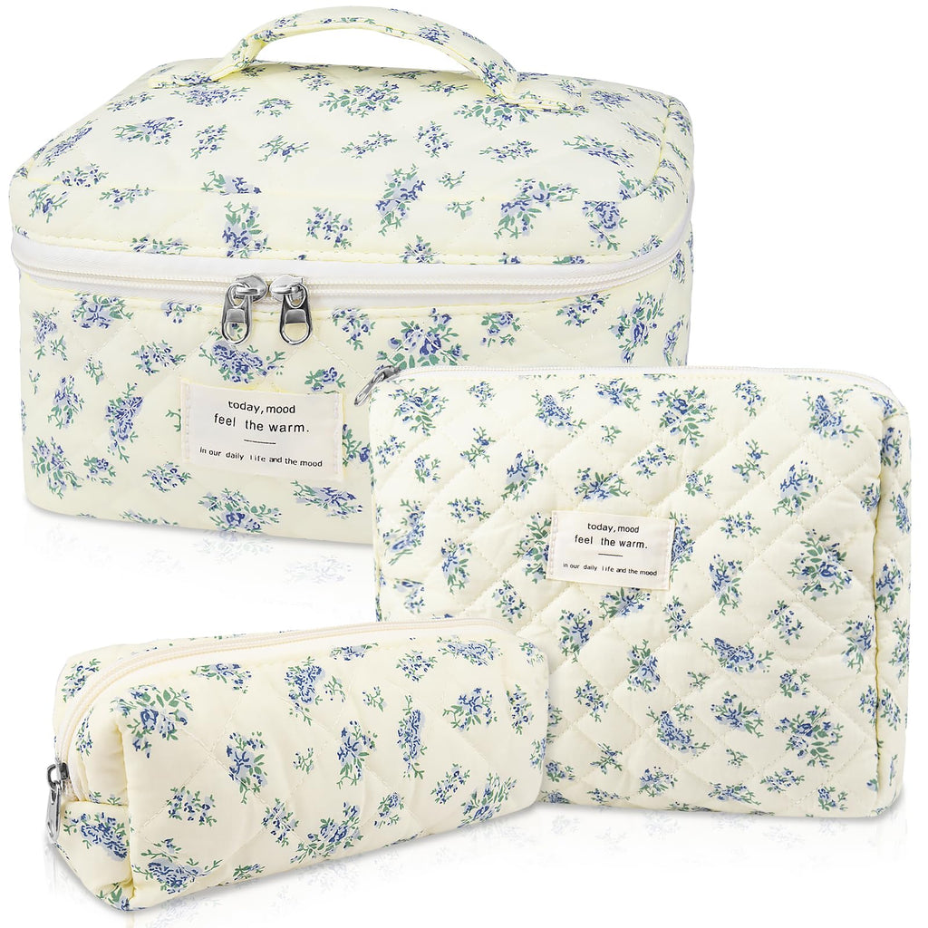 Gosect Makeup Bag Set, Quilted Makeup Bag, Large Floral Cosmetic Bag for Women, Cute Cotton Makeup Bags, Flower Travel Toiletry Organizer Bag (Blue Floer)