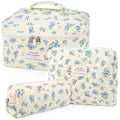 Gosect Makeup Bag Set, Quilted Makeup Bag, Large Floral Cosmetic Bag for Women, Cute Cotton Makeup Bags, Flower Travel Toiletry Organizer Bag (Blue Floer)