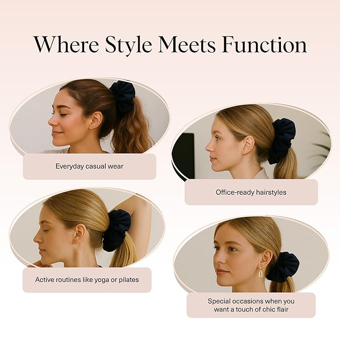 Kitsch Recycled Satin Ruffle Scrunchie – Gentle Hair Scrunchie for Women, Eco-Friendly Hair Tie No Damage, Stylish Ponytail Holder - Black