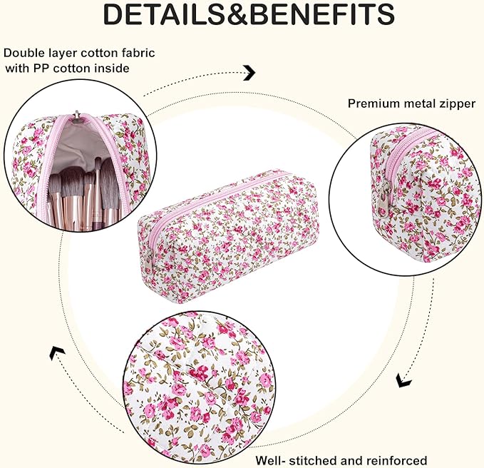 WHHJM Cute Floral Makeup Brush Bag Small Cotton Quilted Cosmetic Bag for Women Travel Toiletry Zipper Make Up Pouch (Red Floral)
