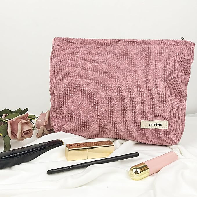 GUTGNK Women's Corduroy Cosmetic Bag, Large Capacity Canvas Cosmetic Bag Travel Toiletry Bag Accessories Organizer, Pink