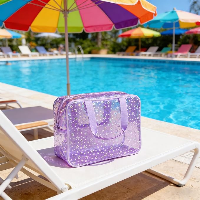 TotePrint Clear Star Large Cosmetic Bag and Travel Pouch with Handle,Durable Material,Zipper Design-Ideal for Makeup,Travel Essentials (Purple+Shiny Star)