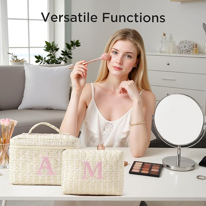 HBselect 2Pcs Initial Quilted Makeup Bag, Pink Cosmetic Travel Toiletry Bag, Flowers Coquette Zipper Make Up Pouch Organizer Teen Girl Gift Trendy Stuff H