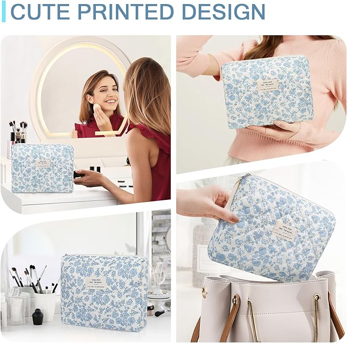 Gosect Floral Makeup Bag, Large Cosmetic Bag for Women Girls, Cute Cotton Make up Pouch, Quilted Makeup Bags, Flower Travel Toiletry Organizer Bag(Blue Floral)