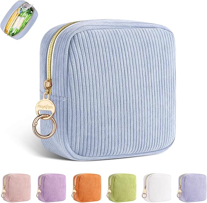 Playexen Period Bag for Purse, Corduroy Sanitary Napkin Storage Bag, Blue