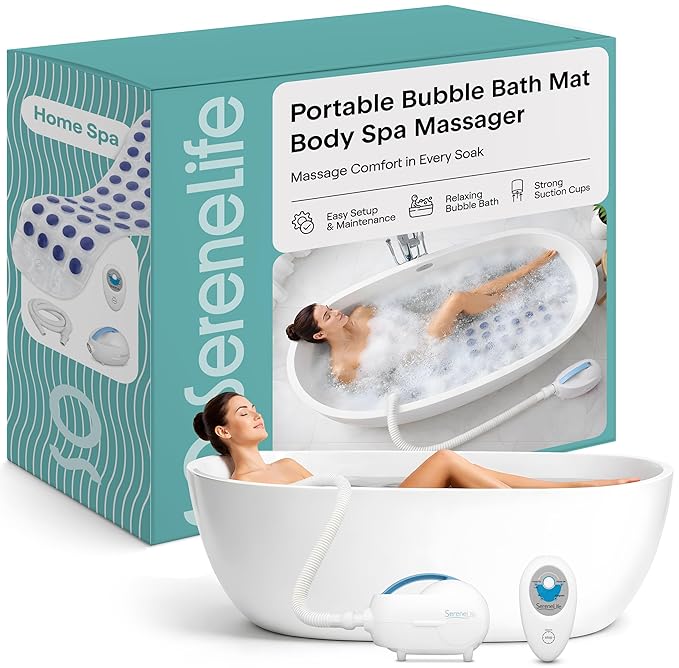 Portable Spa Bubble Bath Massager - Thermal Spa Waterproof Non-slip Mat with Suction Cup Bottom, Motorized Air Pump & Adjustable Bubble Settings - Remote Control Included - Serenelife PHSPAMT22