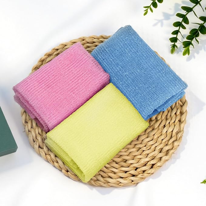 Bathway Exfoliating Washcloth Body Scrubber, 36.81-Inch Quick-Dry Exfoliating Towel, Japanese Loofah Back Scrubber Towel for Women Men (Blue & Rose Red & Yellow, Pack of 3)