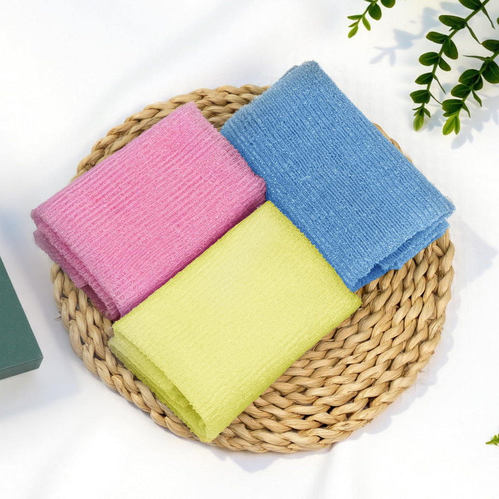 Bathway Exfoliating Washcloth Body Scrubber, 36.81-Inch Quick-Dry Exfoliating Towel, Japanese Loofah Back Scrubber Towel for Women Men (Blue & Rose Red & Yellow, Pack of 3)