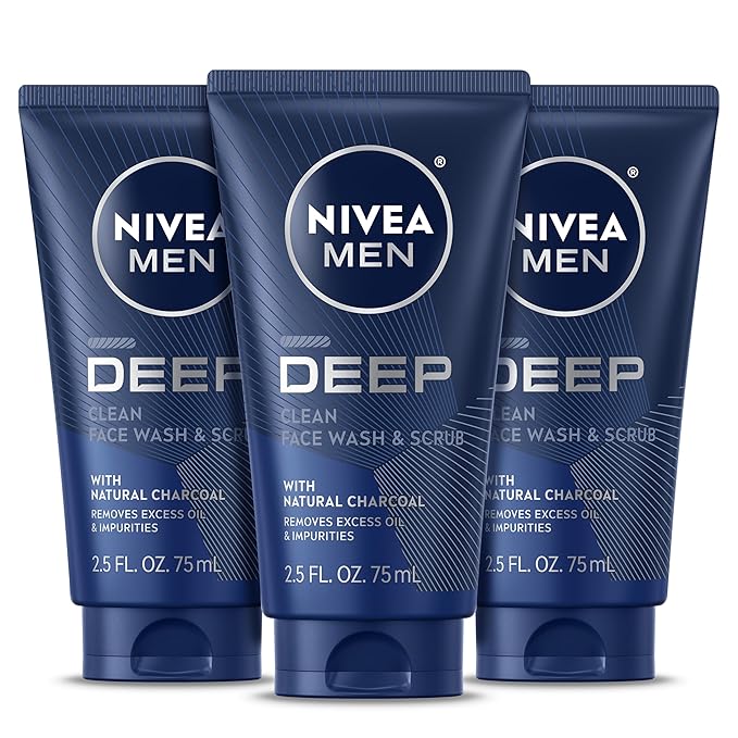 NIVEA MEN Deep Clean Face Wash and Scrub with Natural Charcoal, Exfoliating Face Wash for Men Removes Excess Oil, Dirt and Impurities, Beard Friendly Skin Care, 2.5 Fl Oz Tube, Pack of 3